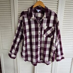 Women's Long Sleeve Button Up Shirt Burgundy Check Size XXL 20 Time and Tru